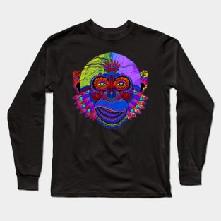 Multicolored Pop Art Monkey Face with Feathers Long Sleeve T-Shirt